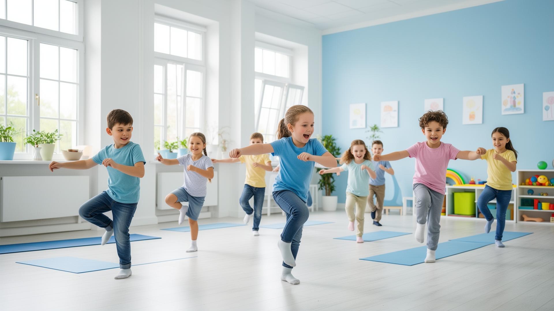 Children doing coordinated brain-gym exercises in a bright airy classroom