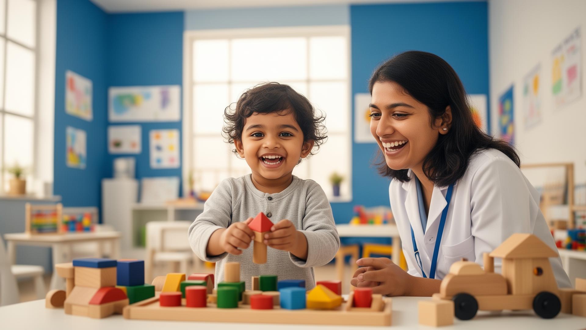 A joyful child playing with wooden blocks alongside a kind therapist at Mindspring